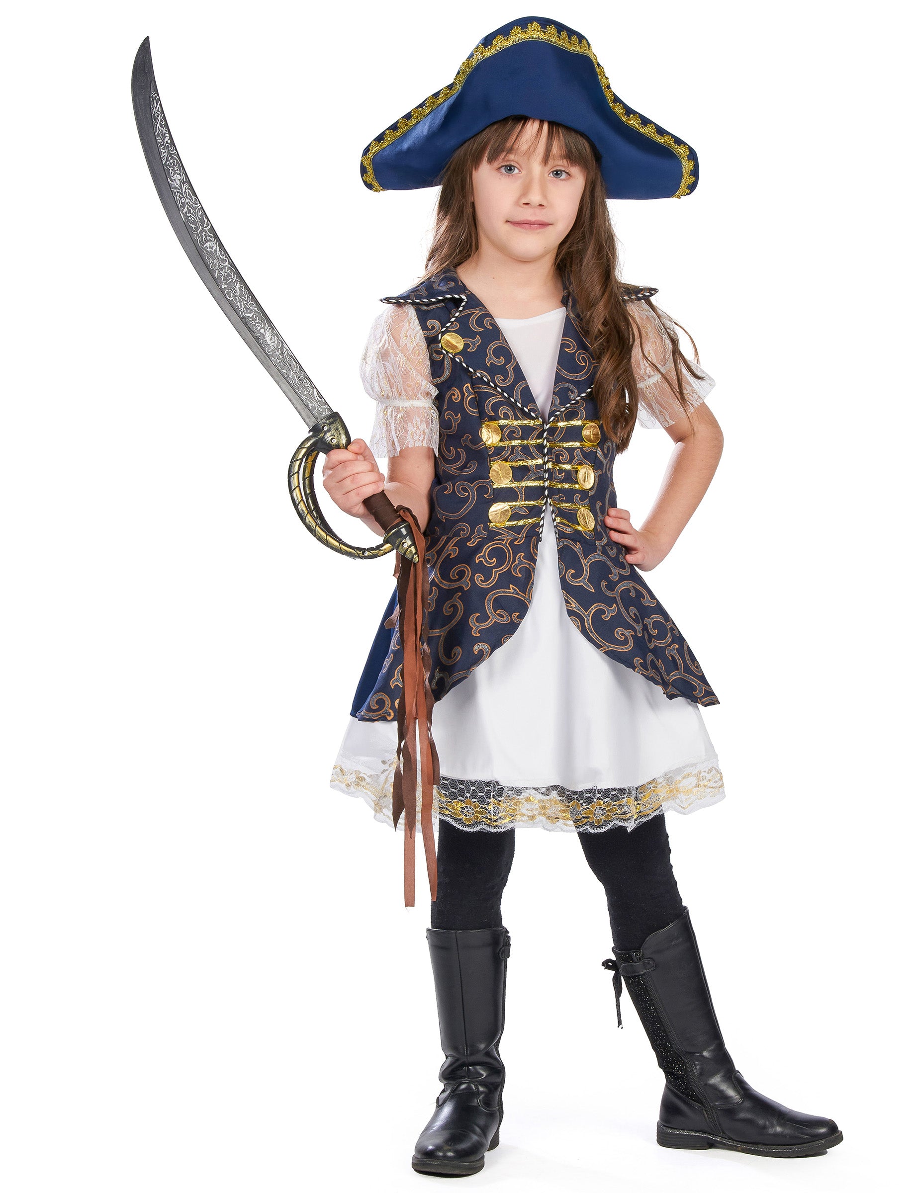 Poză frontală cu sabie din costumul de pirat pentru fetițe