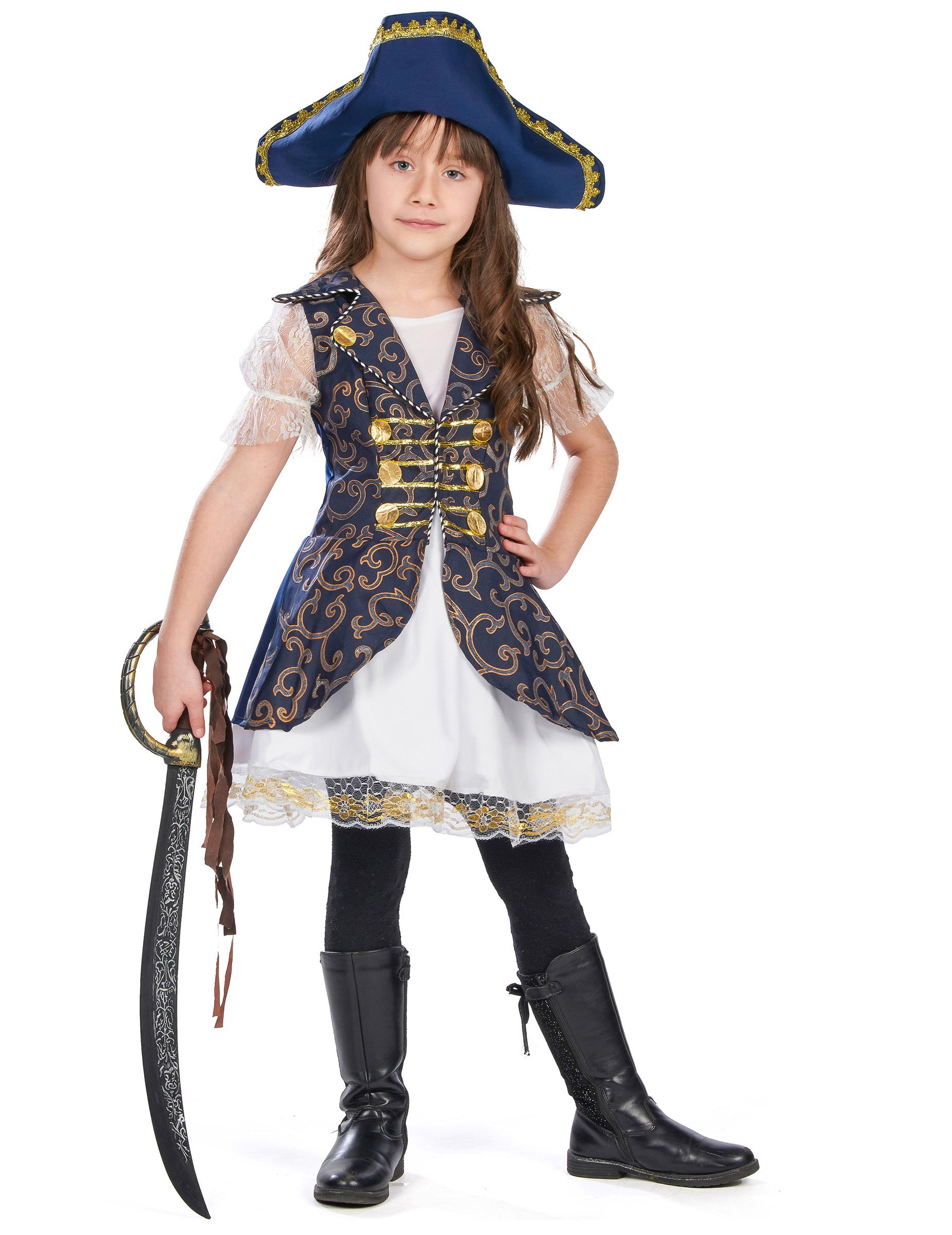 Poză frontală cu sabie din costumul de pirat pentru fetițe