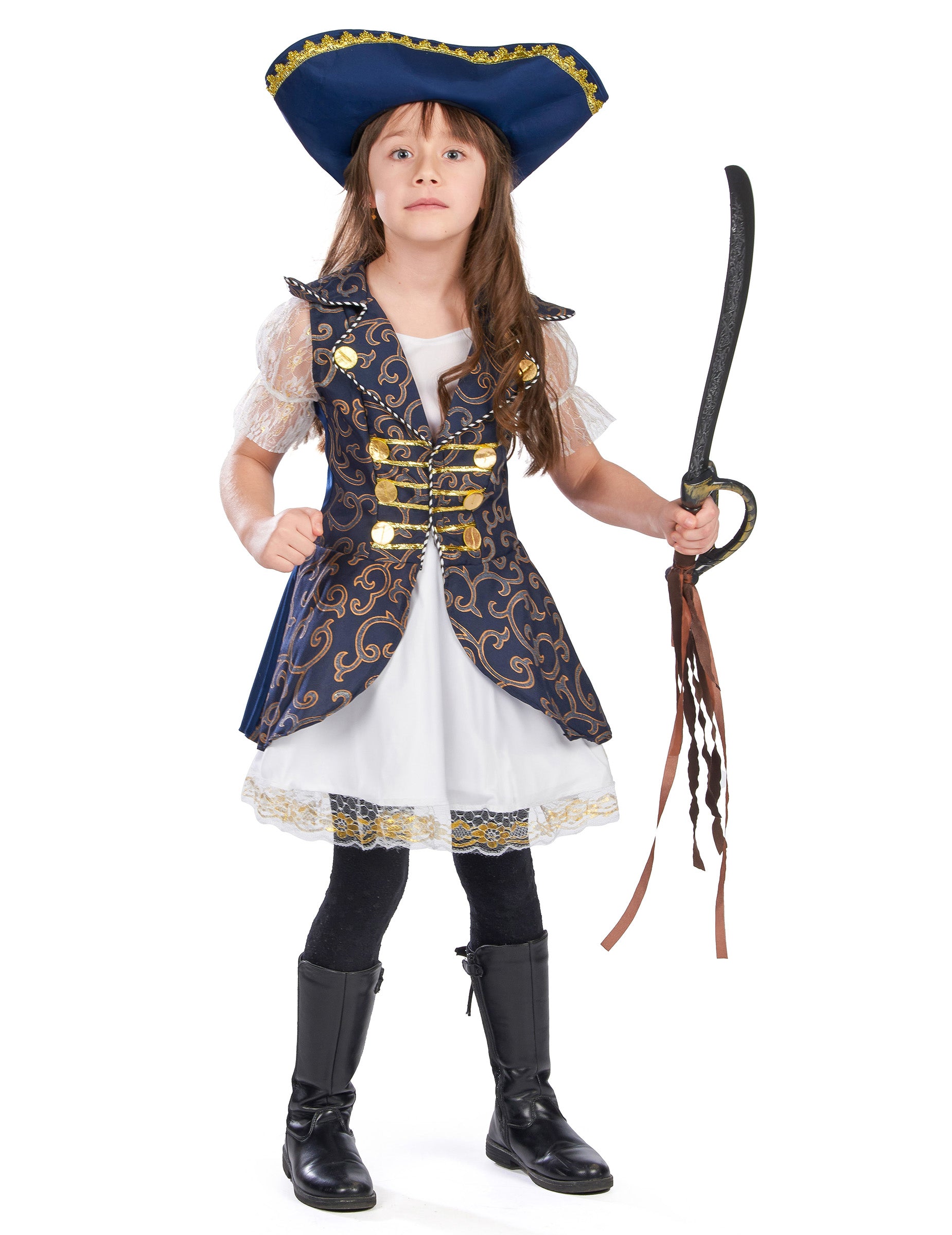 Poză frontală cu sabie din costumul de pirat pentru fetițe