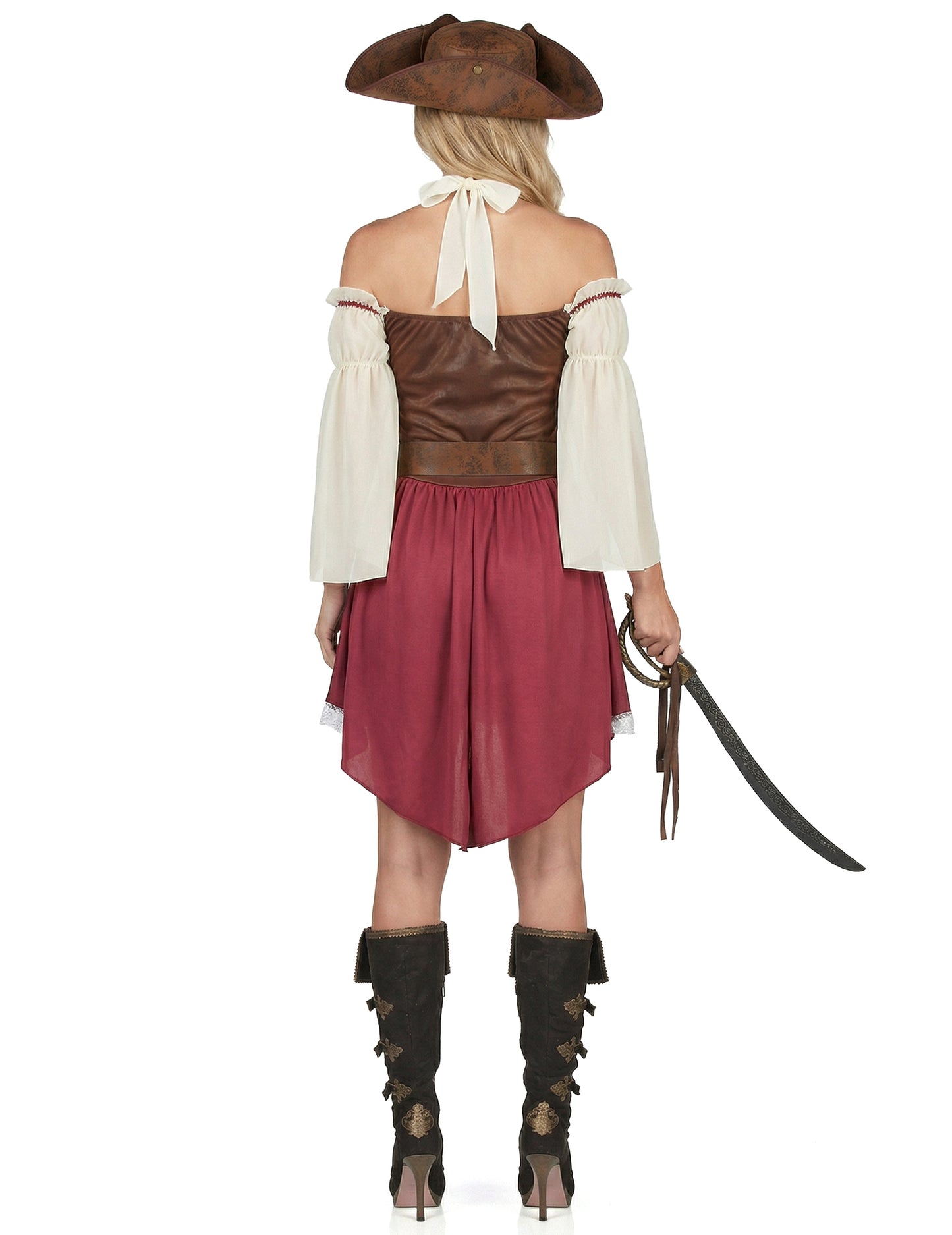 Vue de dos du déguisement de pirate bordeaux sexy pour femme
