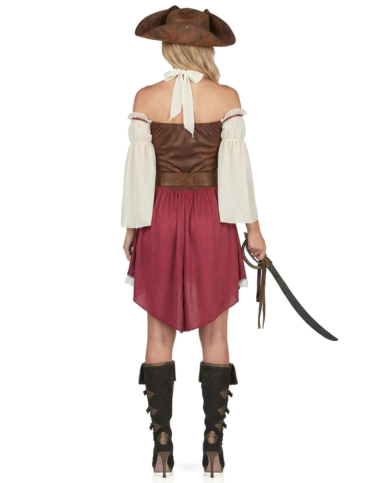 Vedere din spate a costumului de pirat bordo sexy pentru femeie
