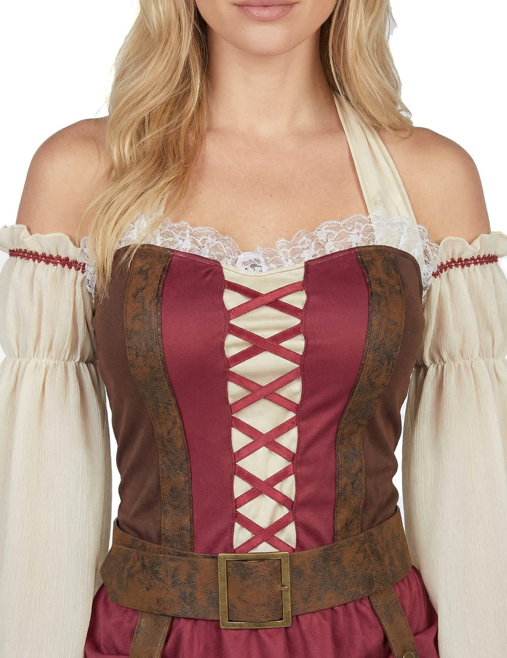 Prim-plan pe șiretul corsetului costumului de pirat bordo sexy pentru femeie