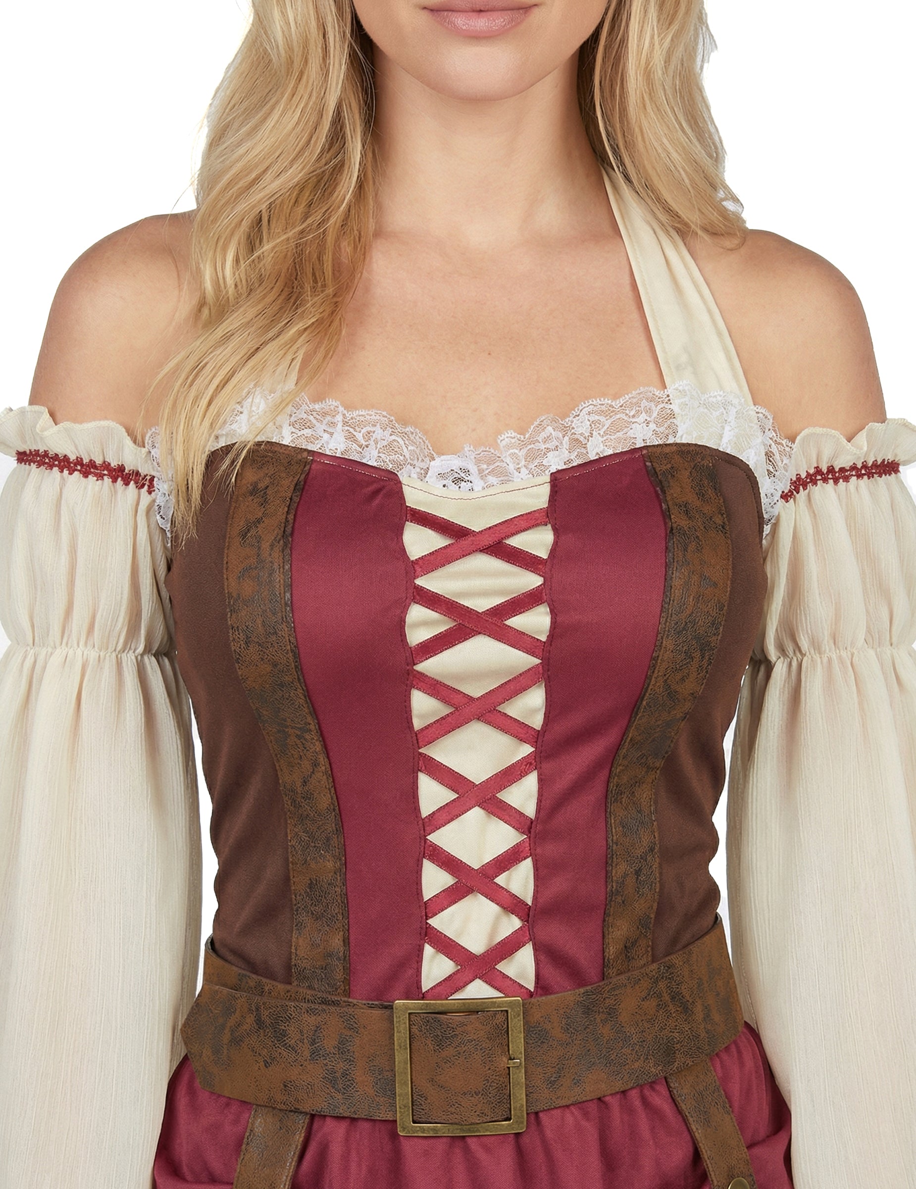 Gros plan sur le laçage du bustier du déguisement de pirate bordeaux sexy pour femme