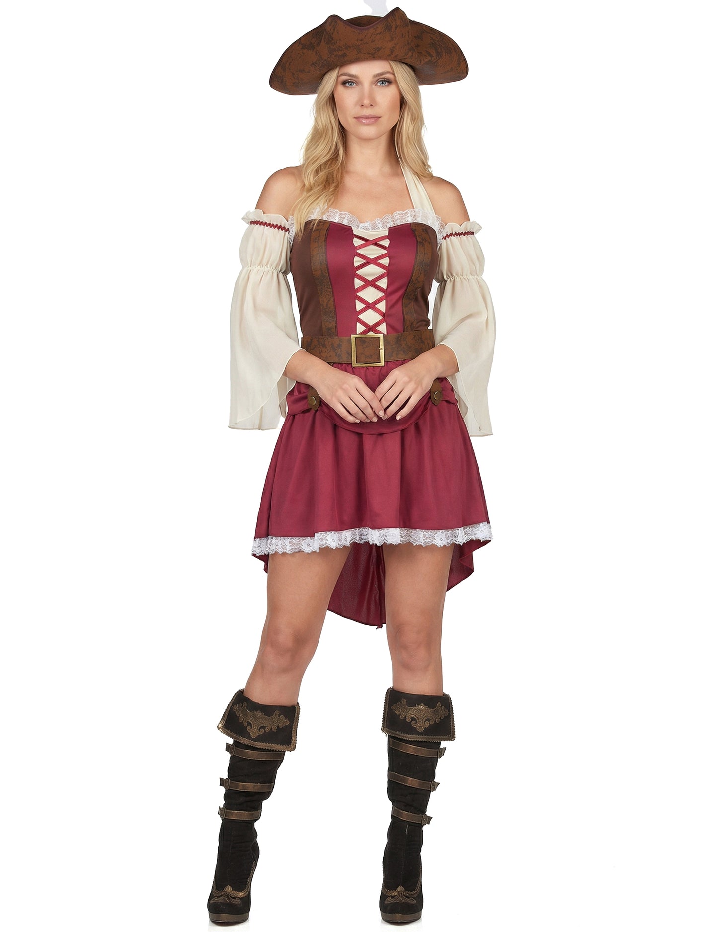 Déguisement de pirate bordeaux sexy pour femme avec chapeau et ceinture