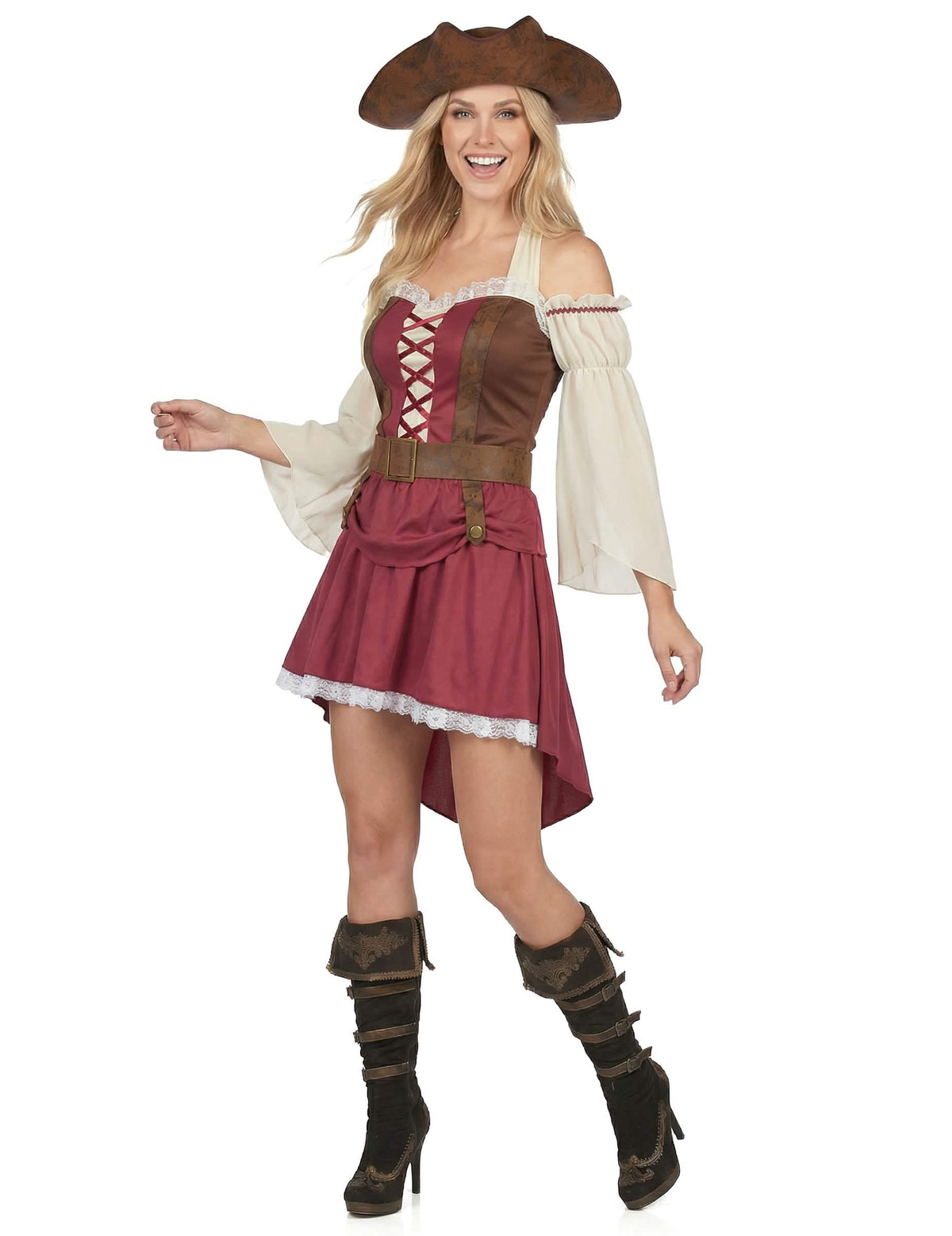 Vedere din față a costumului de pirat bordo sexy pentru femeie