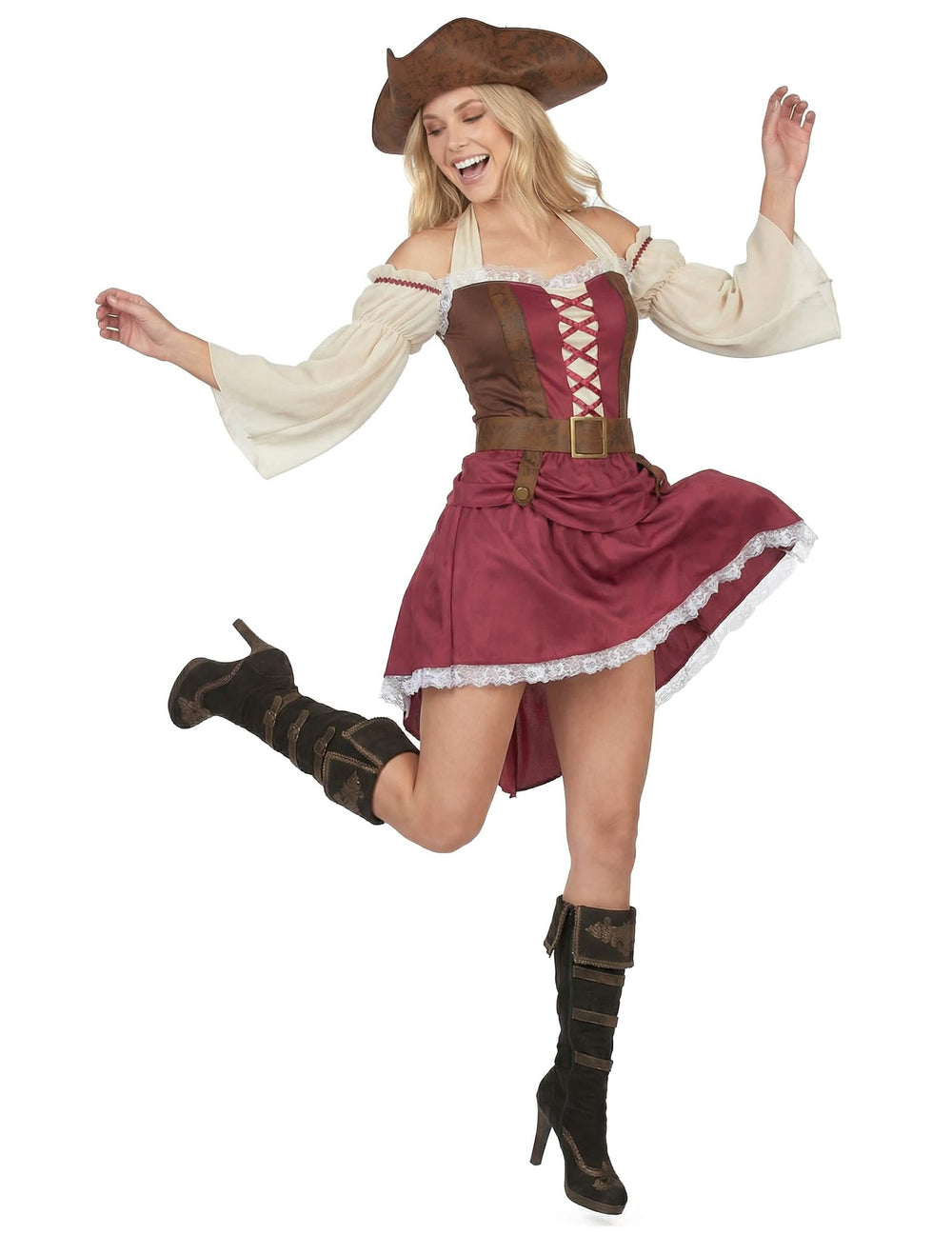 Punerea în scenă a costumului de pirat bordo sexy pentru femeie