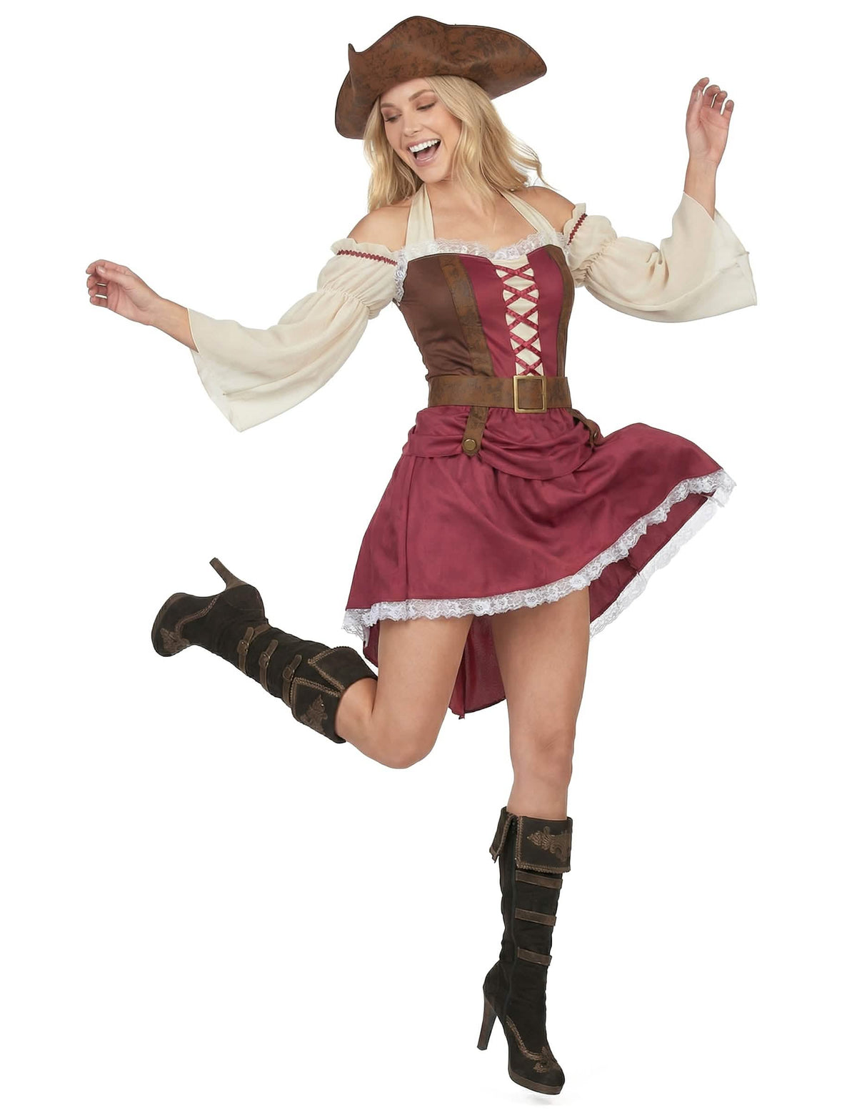 Punerea în scenă a costumului de pirat bordo sexy pentru femeie