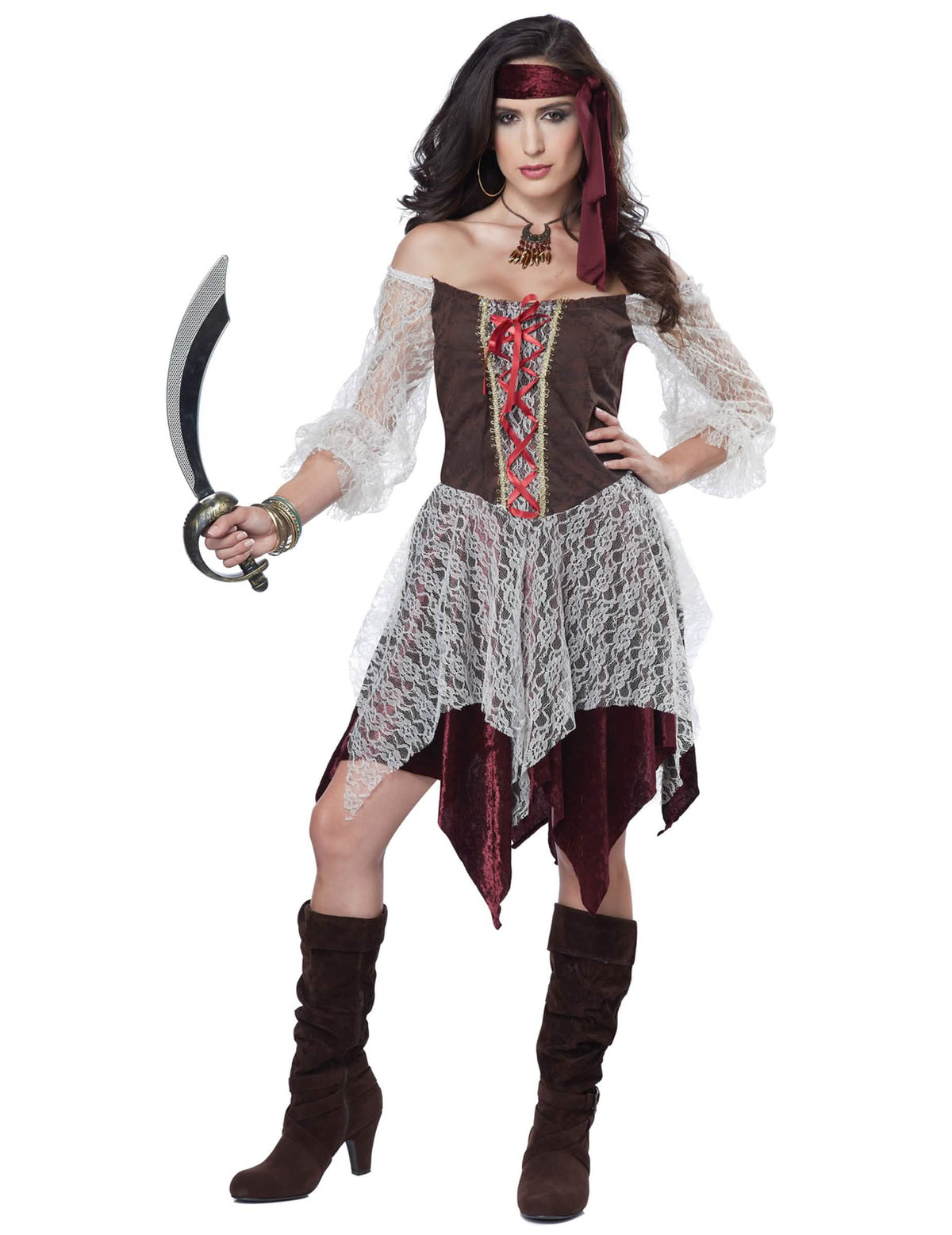 Costum de pirat bucanier sexy pentru femeie maro și bordo cu dantelă albă