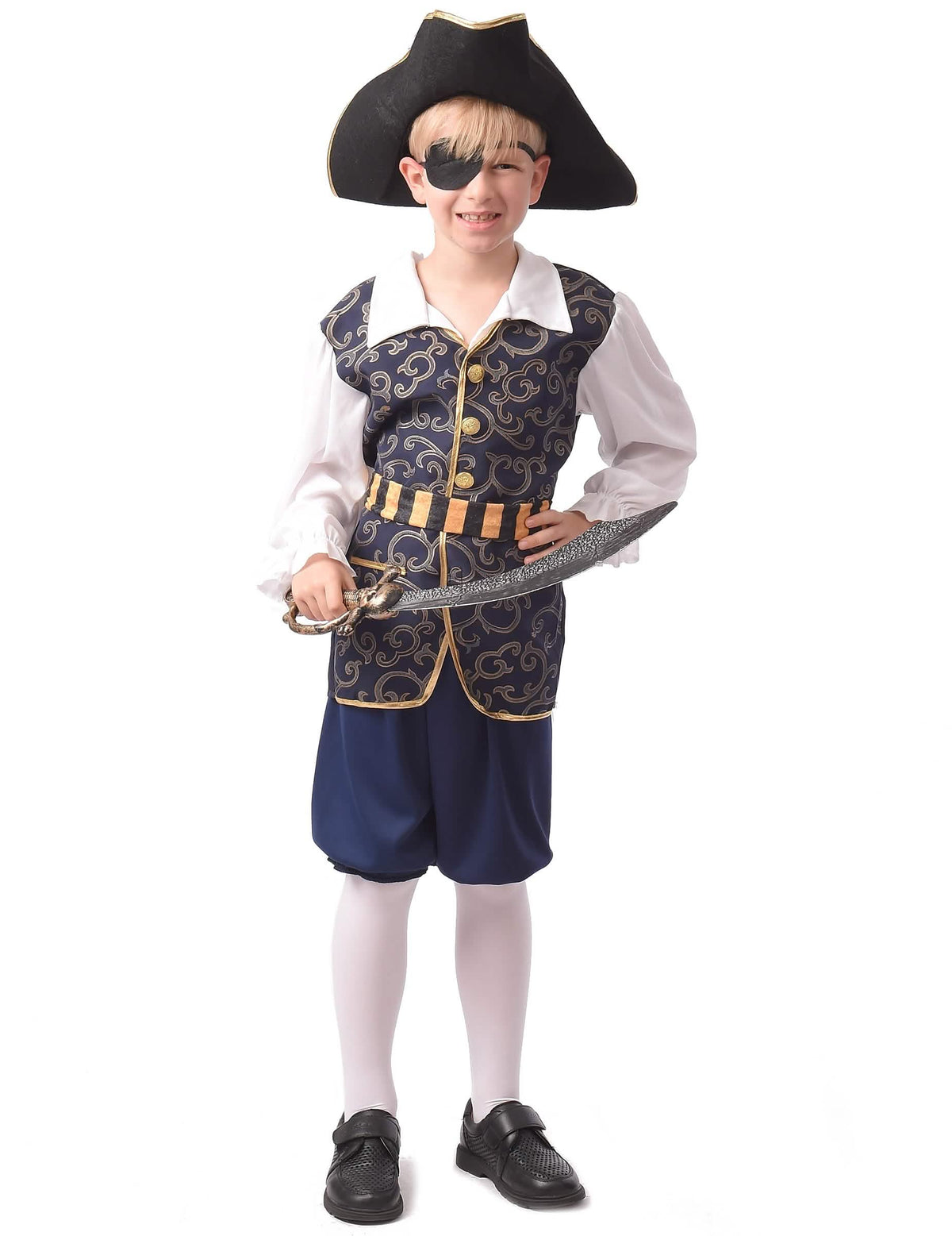 Costum de pirat chic pentru băiat albastru și auriu cu pălărie și sabie