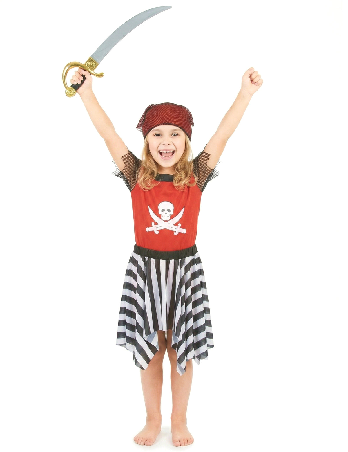 Vue de face avec sabre levé du déguisement de pirate corsaire