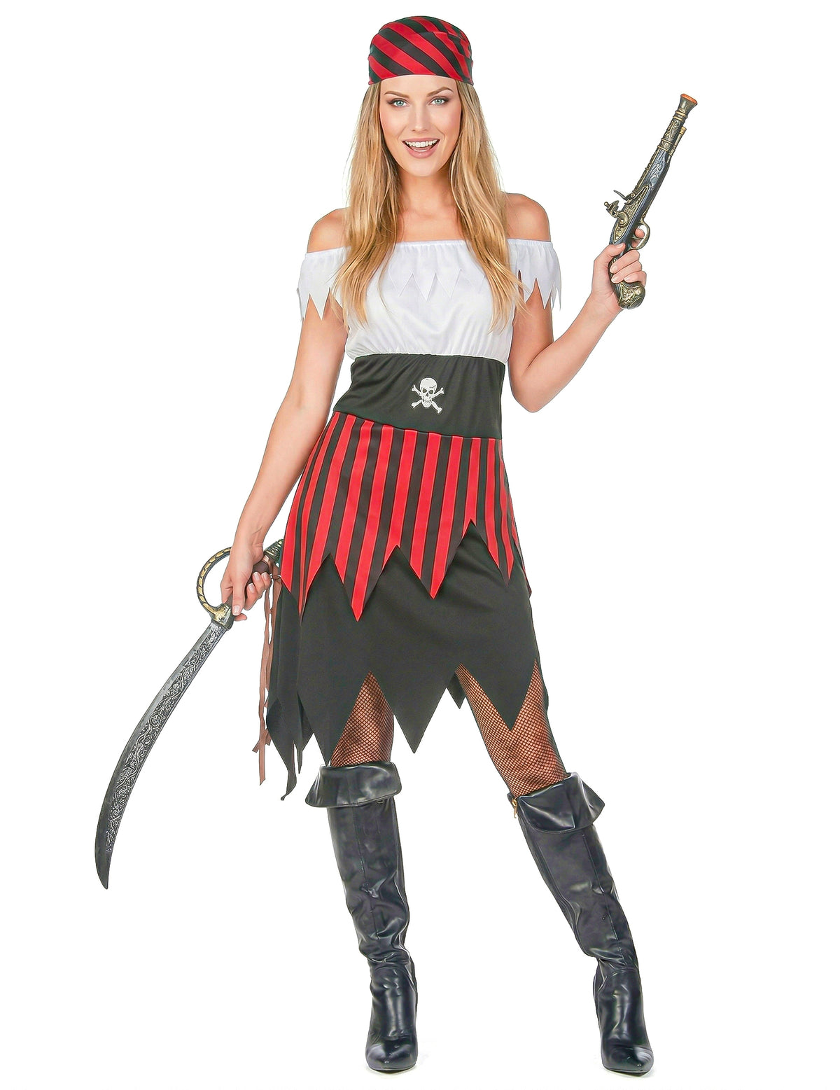 Déguisement pirate dentelé pour femme rouge, noir et blanc avec bandana et cache-œil