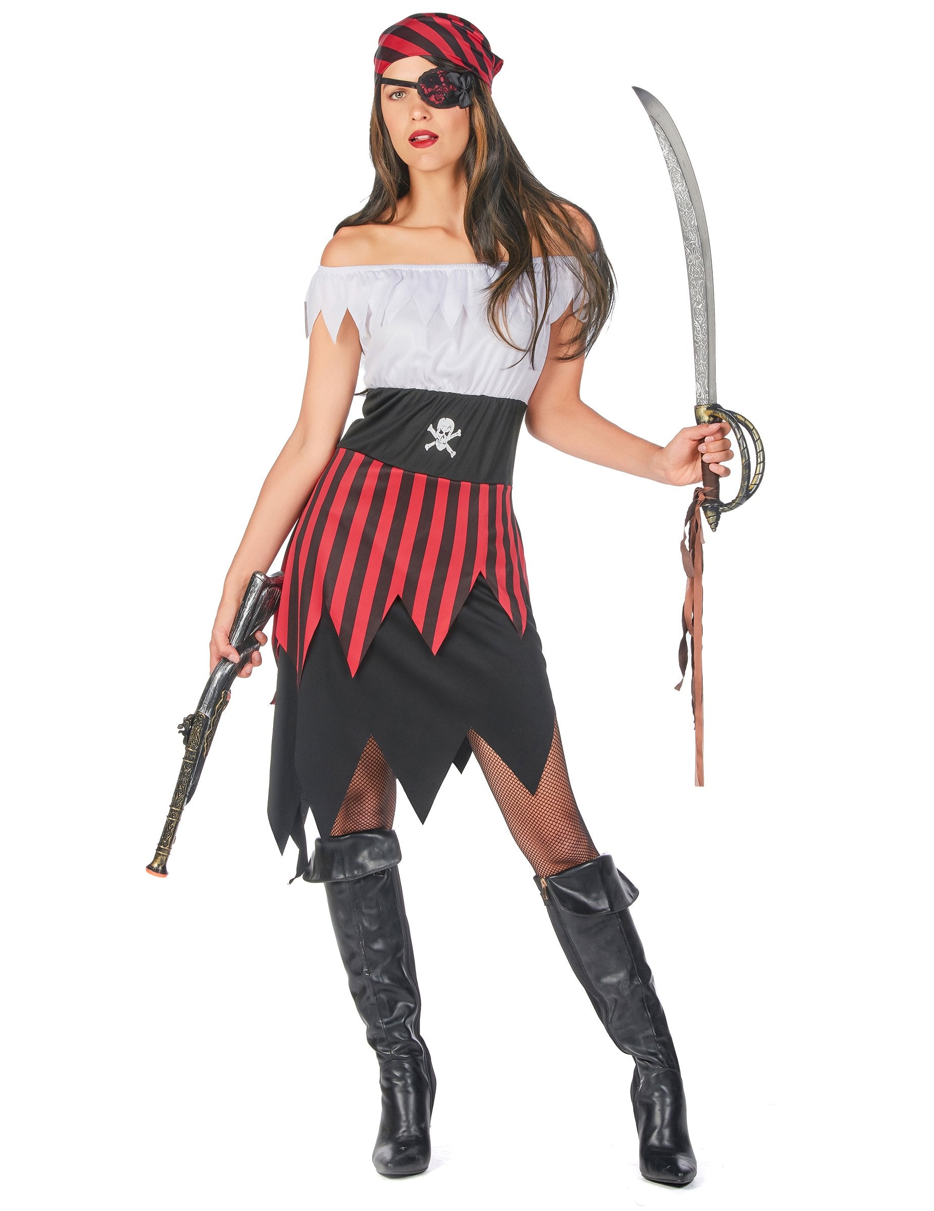 Costum de pirat cu dantelă pentru femei roșu, negru și alb cu bandană