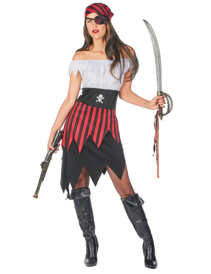 Costum de pirat cu dantelă pentru femei roșu, negru și alb cu bandană