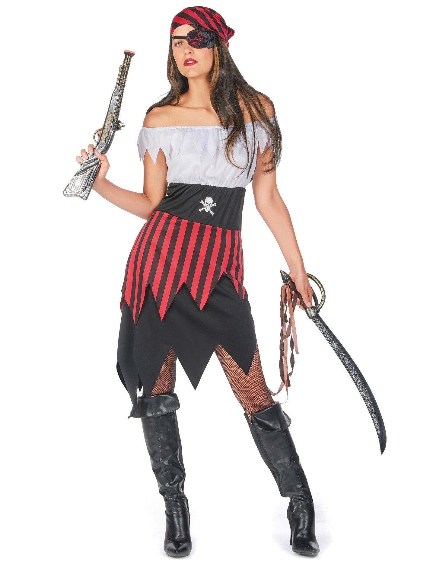 Vedere din față a costumului de pirat cu dantelă pentru femei
