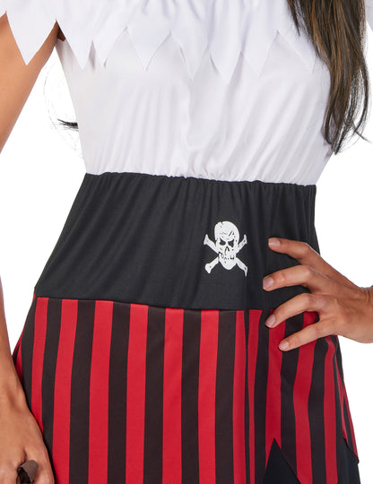 Prim-plan al modelului cu craniu al costumului de pirat cu dantelă pentru femei