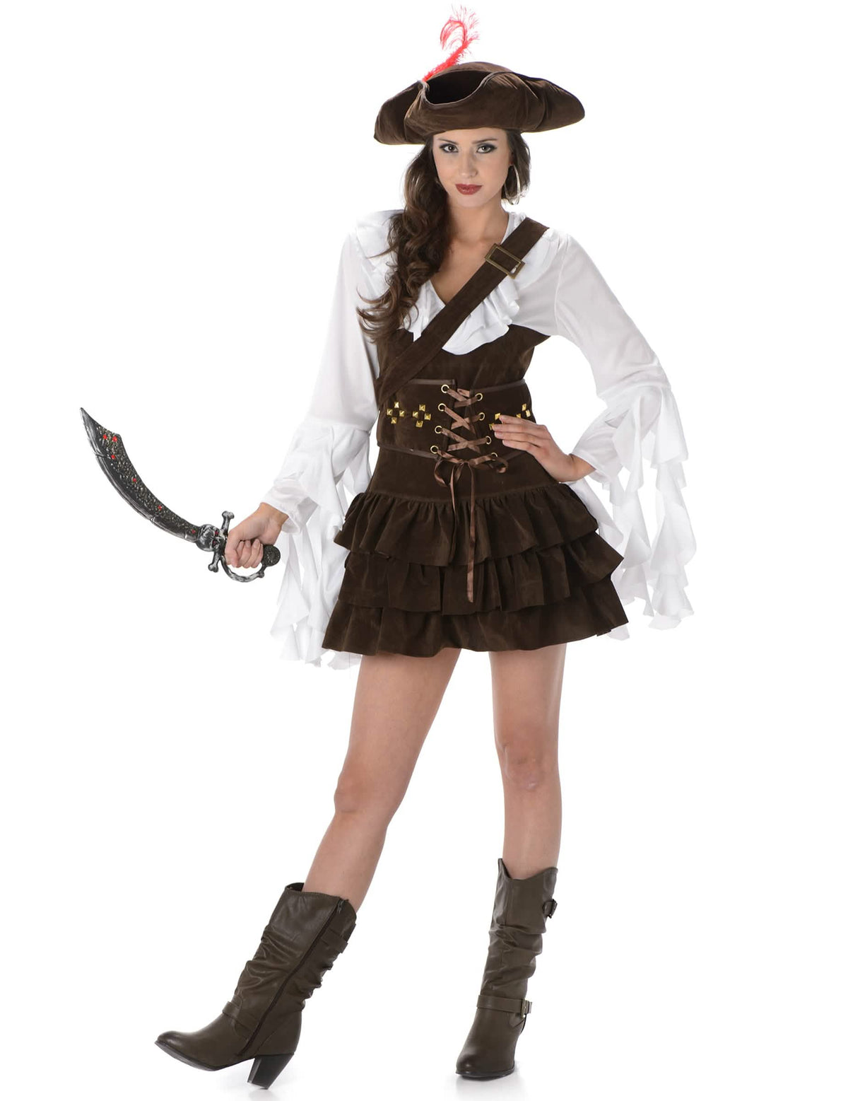 Costume de pirat efect piele de capră pentru femeie maro și alb cu pălărie