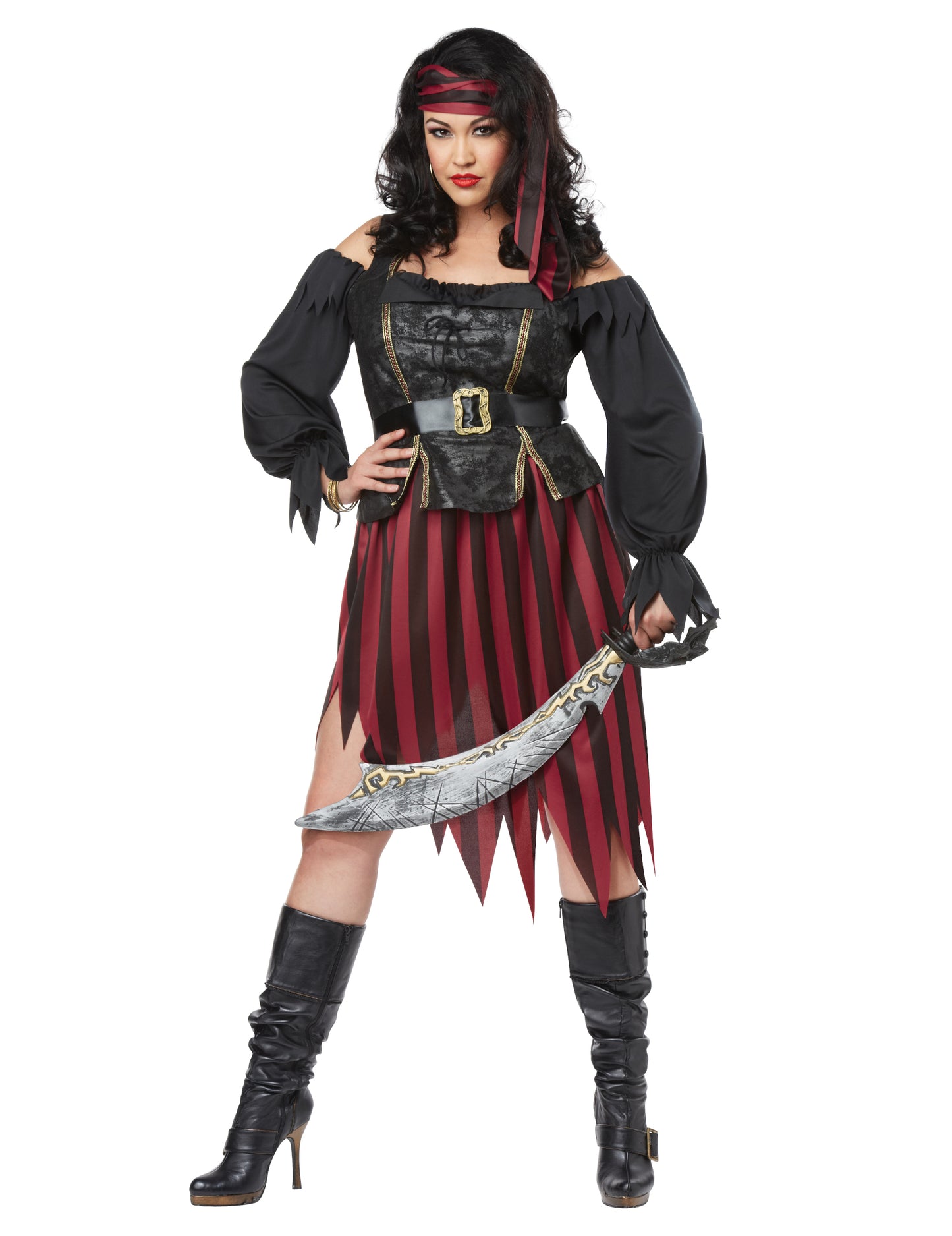 Déguisement pirate luxe pour femme rouge et noir à rayures