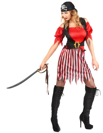 Costum de pirat cu tunică roșie și neagră, cu fustă în dungi și bandană