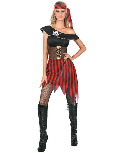 Déguisement de pirate pour femme noir et rouge à rayures avec bandana