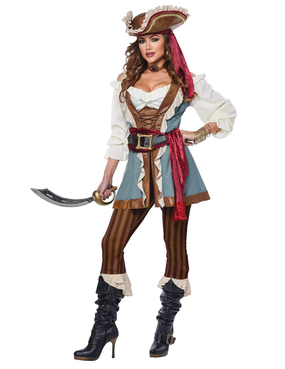 Costum de pirat lux pentru femeie albastru și maro cu pălărie și sabie