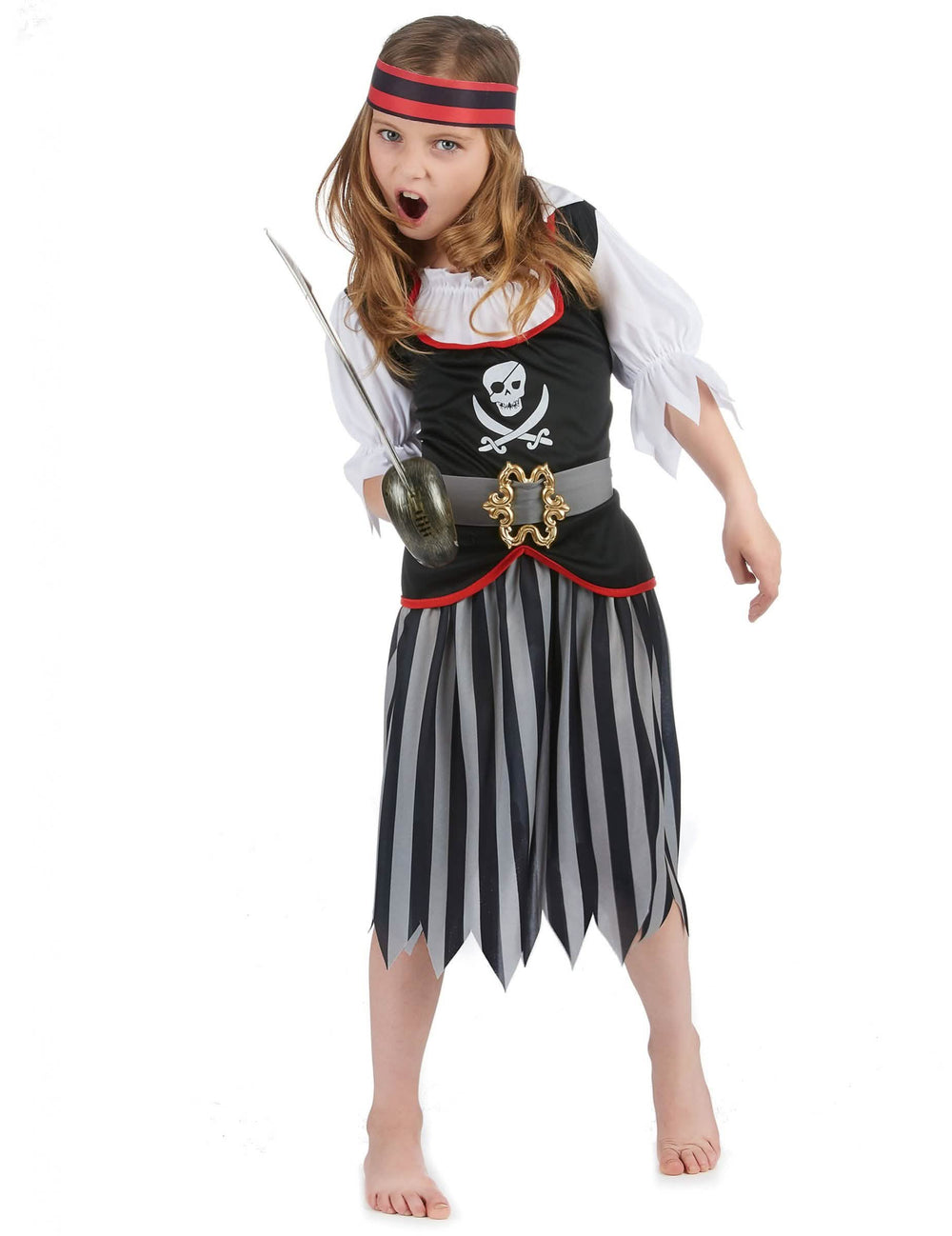 costum de pirat cu motiv cap de mort pentru fată negru și gri cu bandă de cap roșu