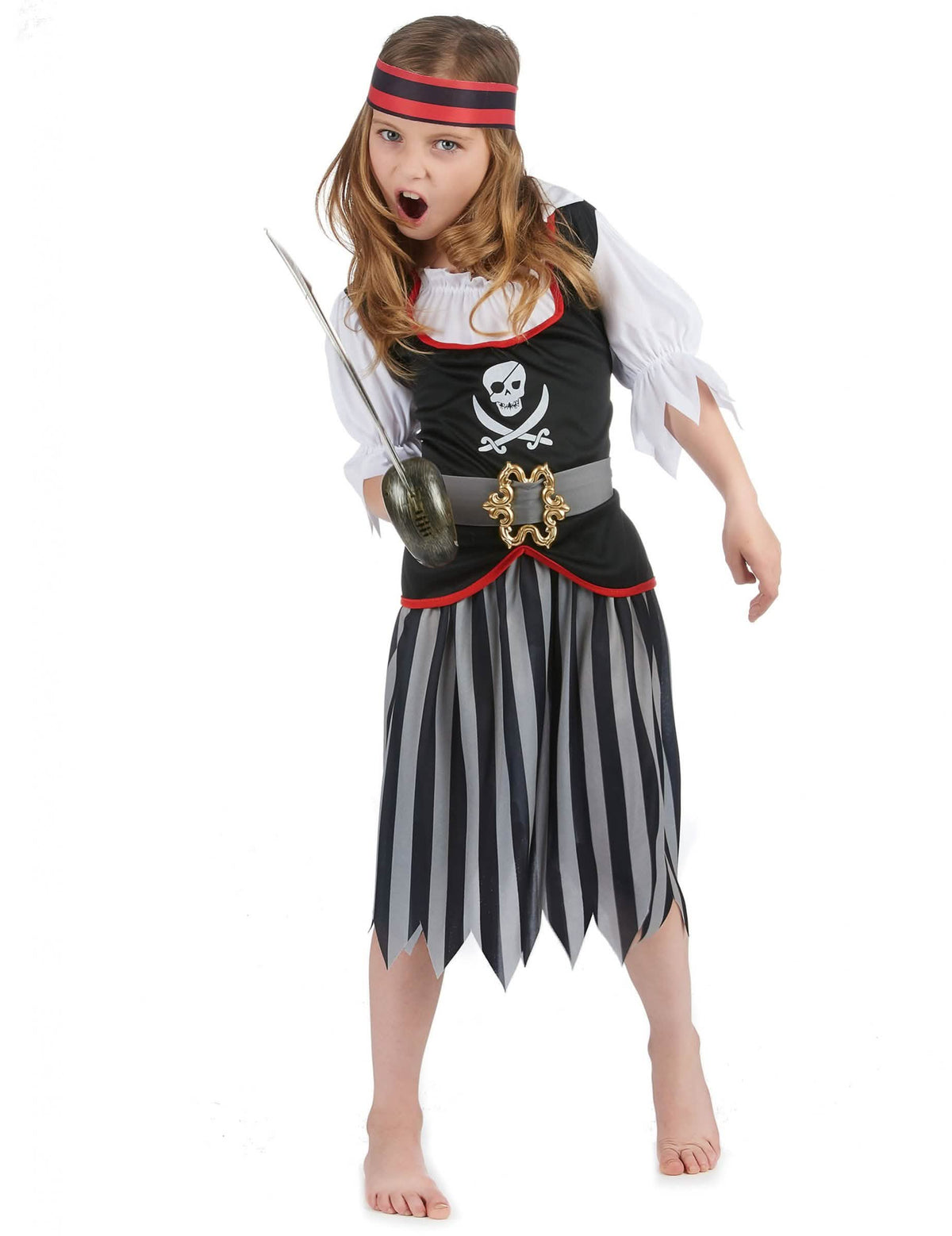 costum de pirat cu motiv cap de mort pentru fată negru și gri cu bandă de cap roșu