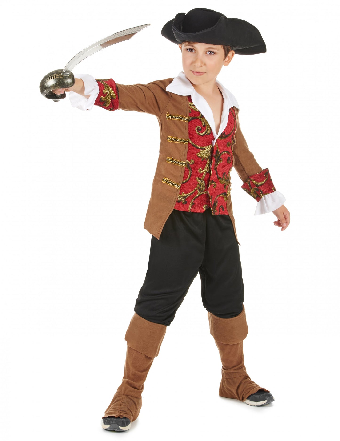 Poză de acțiune cu sabie din costumul de pirat pentru băiat maro și negru