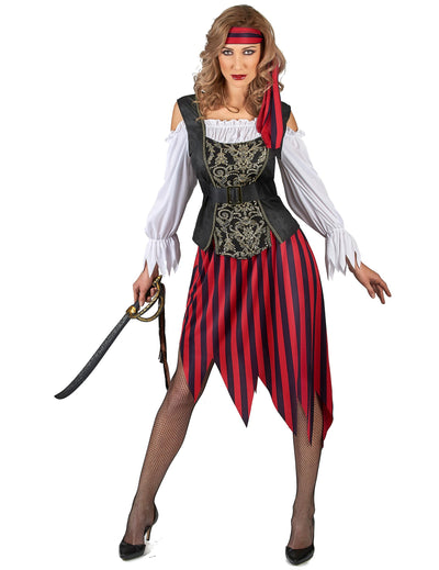 Déguisement de pirate gipsy pour femme rouge et noir avec jupe à rayures