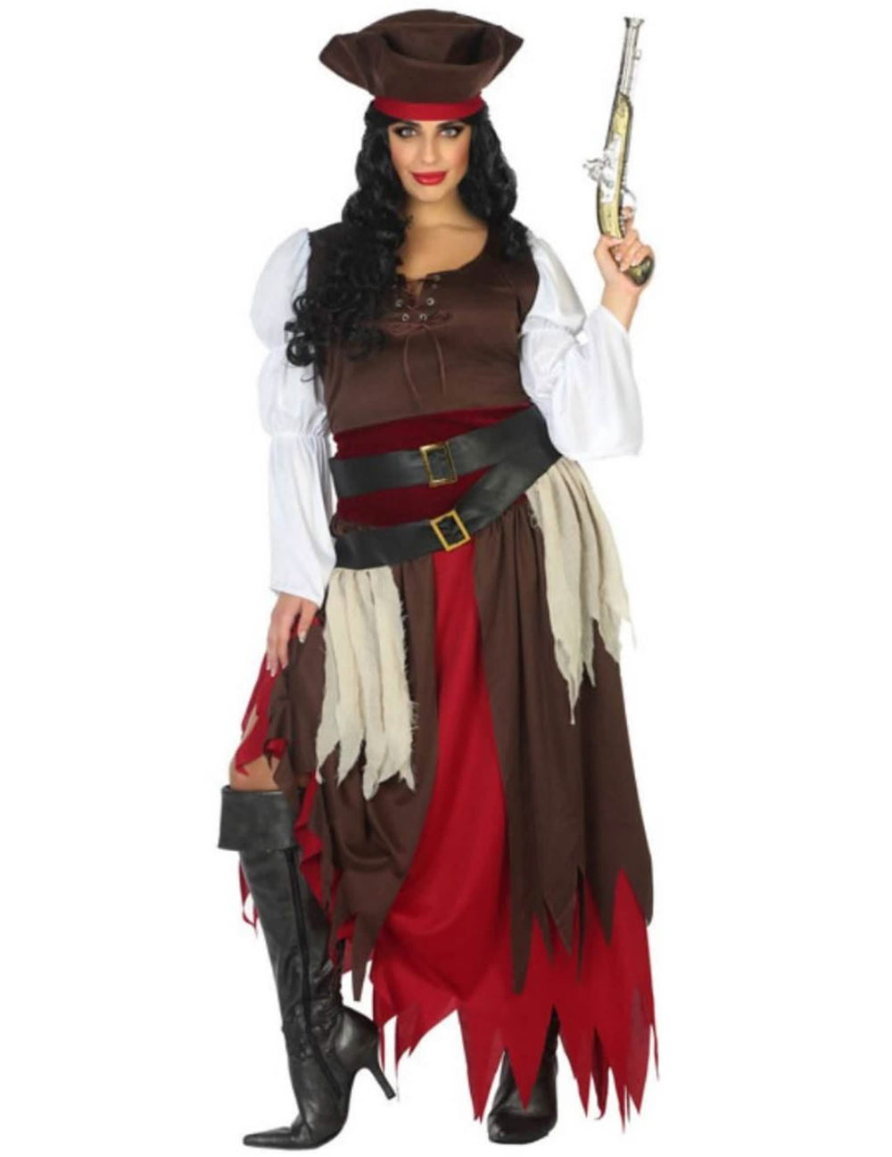 Costum de pirat pentru femeie maro și roșu cu pălărie