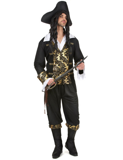 Déguisement de pirate à motif pour homme noir et doré avec chapeau tricorne