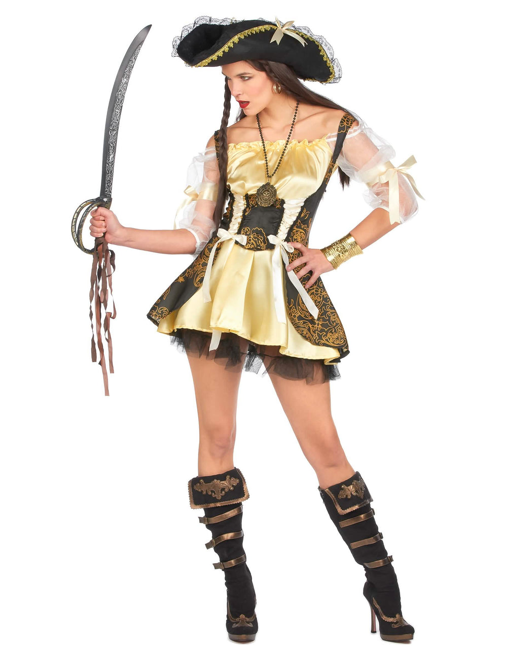 Costum de pirat pentru femeie galben și negru cu pălărie