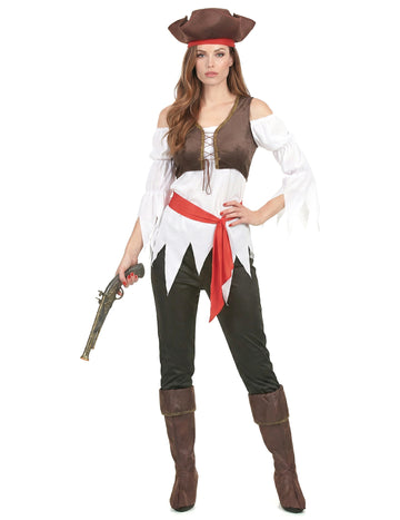 Femeie deghizată cu pirat maro și alb