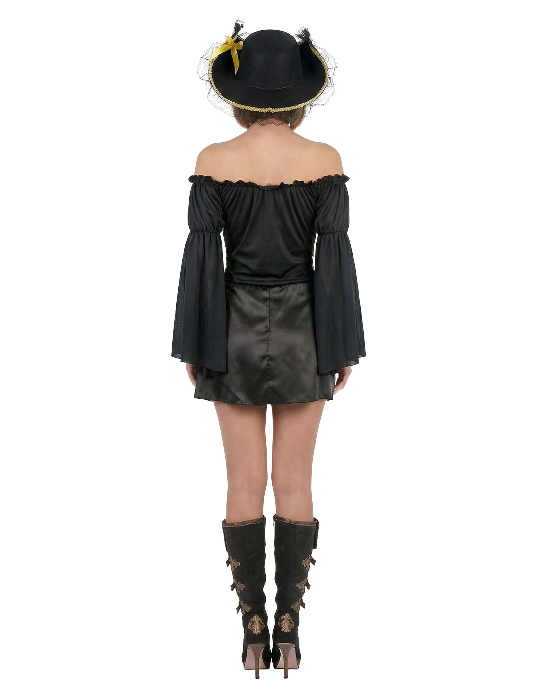 Vue de dos du déguisement de pirate pour femme noir et doré