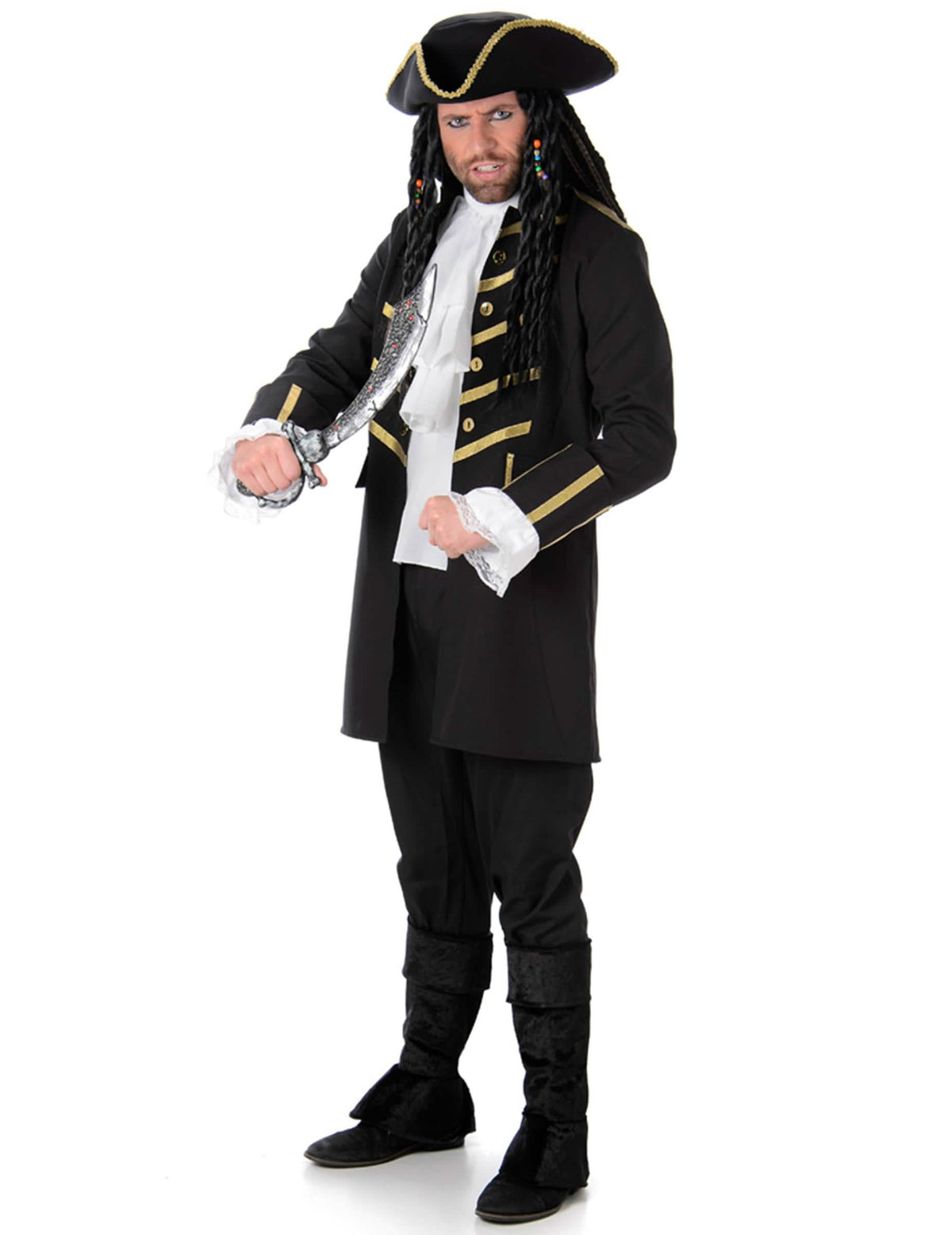 Déguisement de pirate pour homme noir et doré avec chapeau