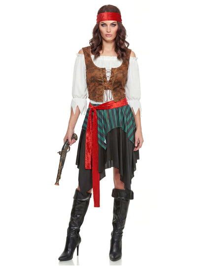 Costum de pirată dungat pentru femei maro, verde și negru cu bentiță roșie