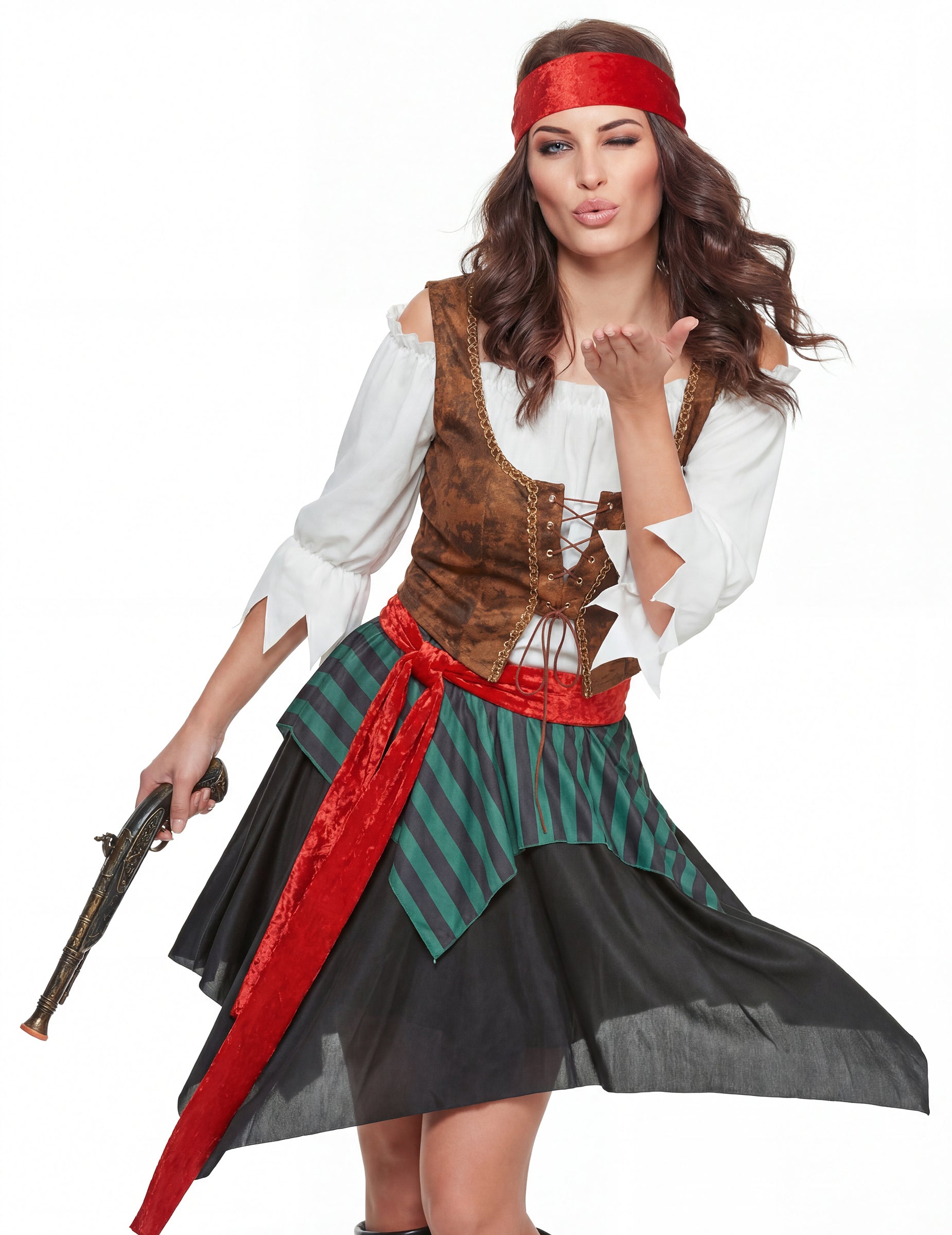 Detaliu al bustului și pistolului din costumul de pirat dungat pentru femei