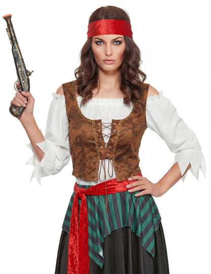 Vedere a bustului cu pistol și bentiță din costumul de pirat dungat pentru femei