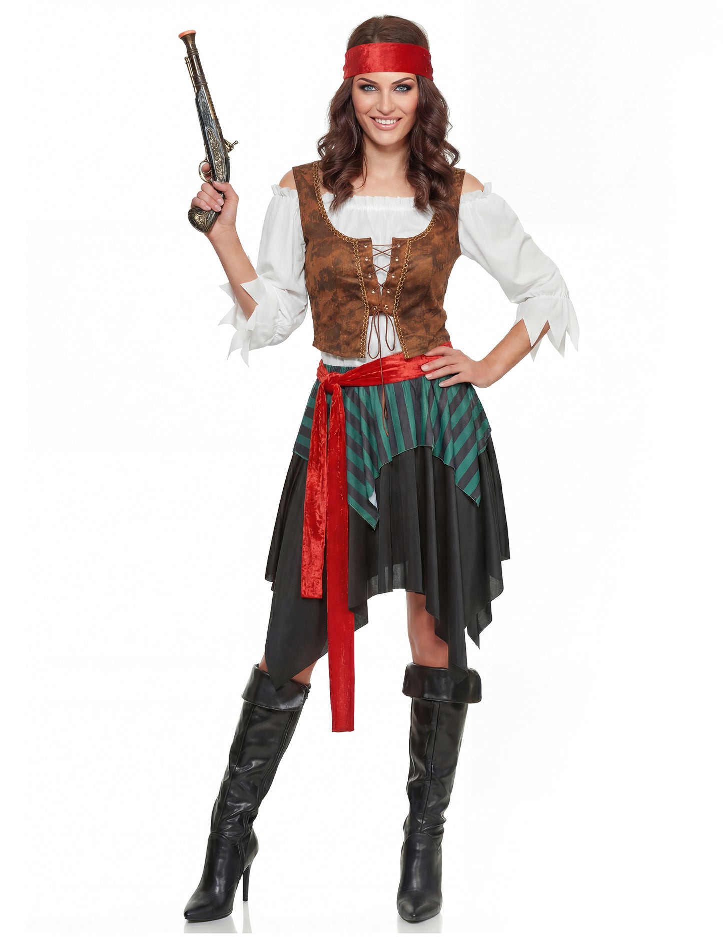 Vedere completă frontală cu pistol din costumul de pirat dungat pentru femei