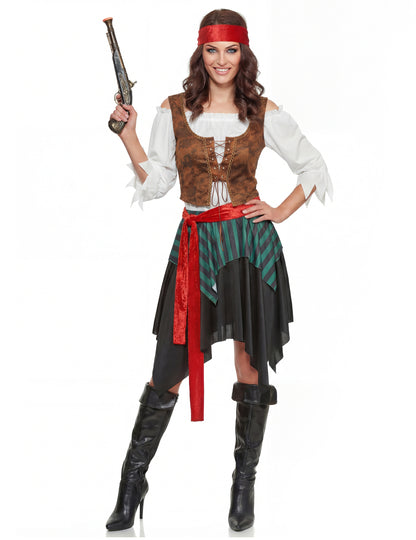 Vedere completă frontală cu pistol din costumul de pirat dungat pentru femei