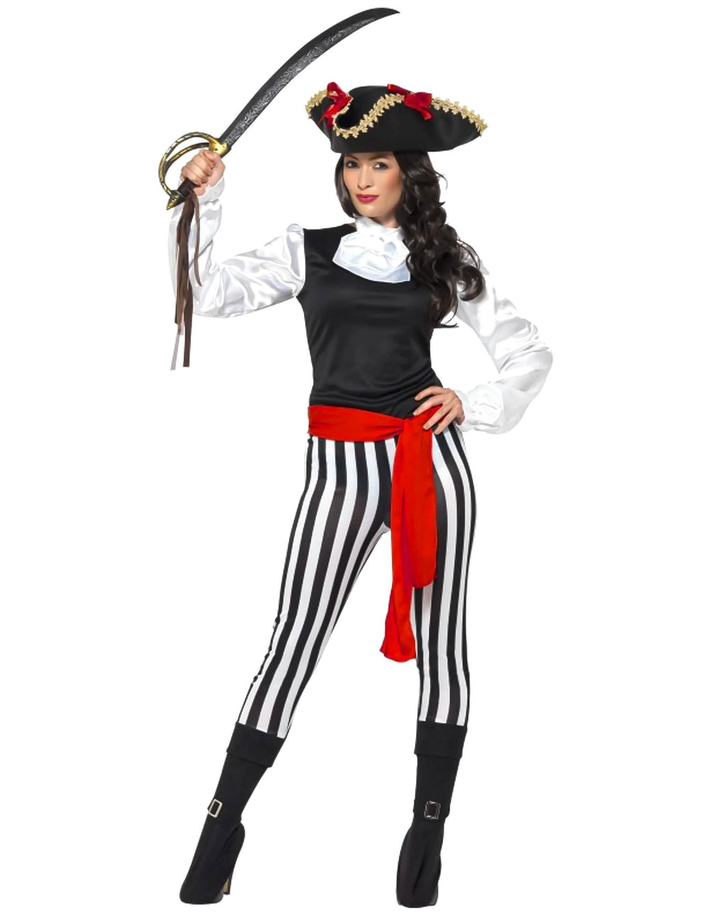 Costum de pirat cu dungi pentru femeie alb și negru cu curea roșu și pălărie