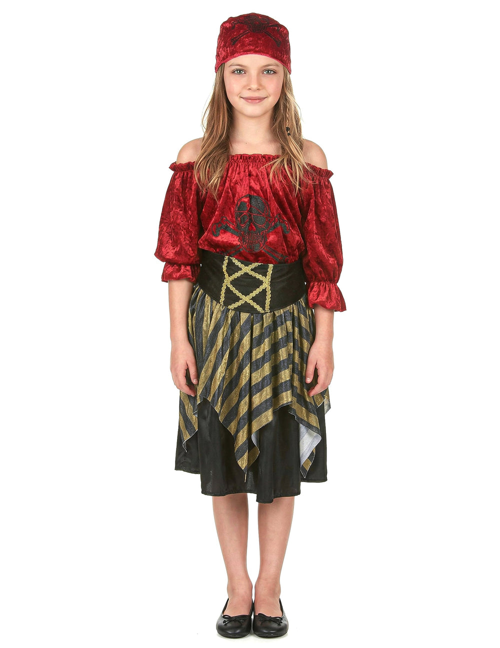Déguisement pirate rayures dorées pour fille rouge et noir avec bandana
