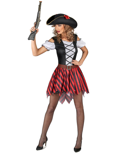 Vue de trois-quarts du déguisement pirate pour femme à rayures rouges et noires