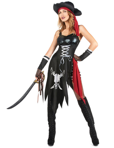 Déguisement pirate sexy pour femme noir et rouge avec imprimé tête de mort