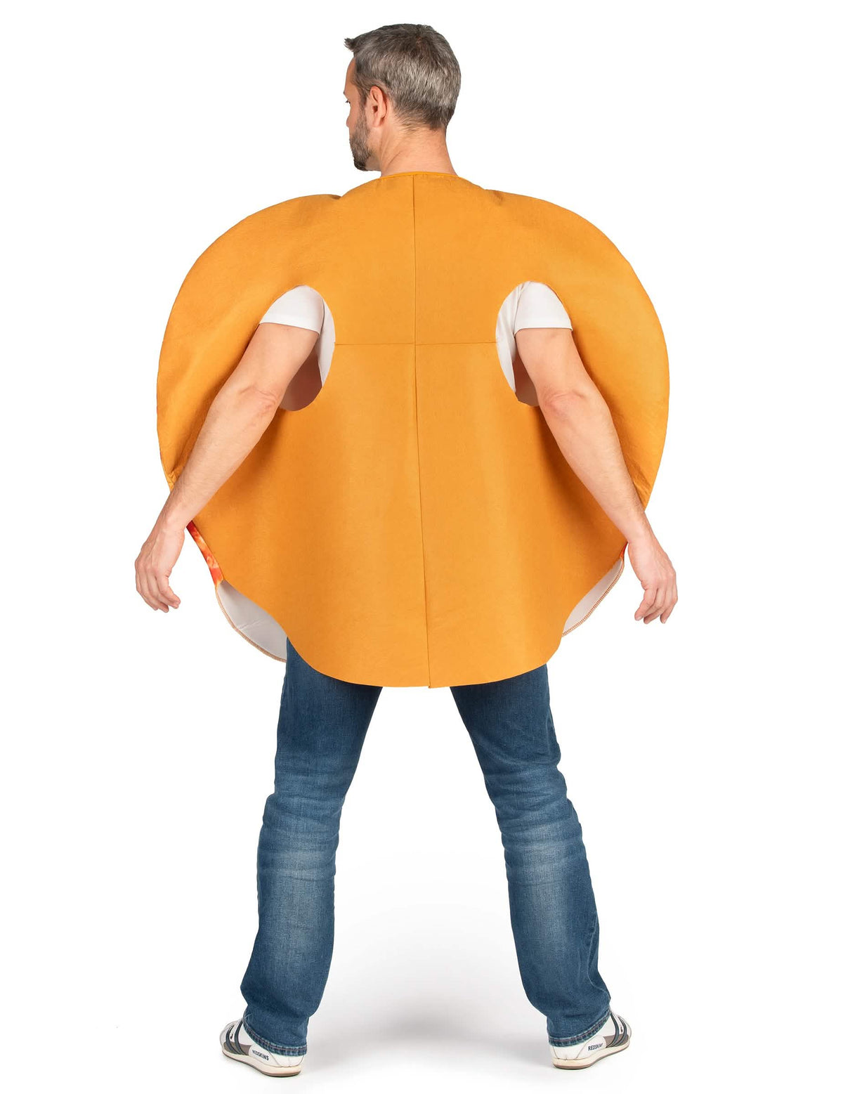 Vedere din spate a costumului pizza pentru adult cu pepperoni