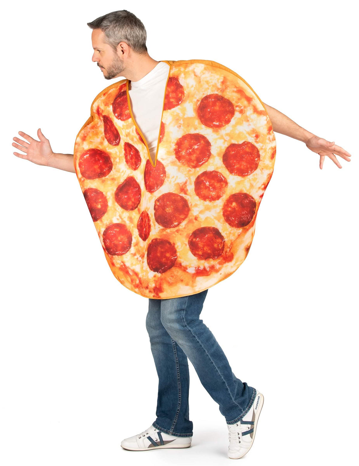 Vedere laterală a costumului pizza pentru adult cu pepperoni
