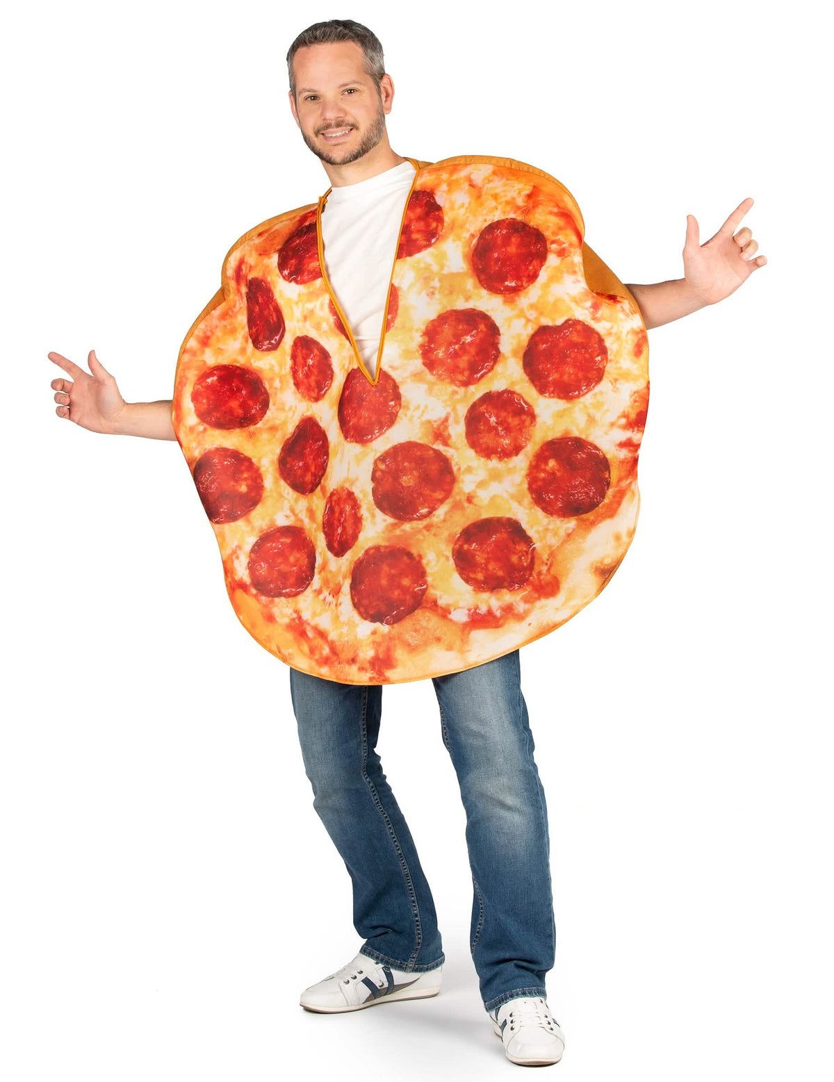 Vedere din față a costumului pizza pentru adult cu pepperoni