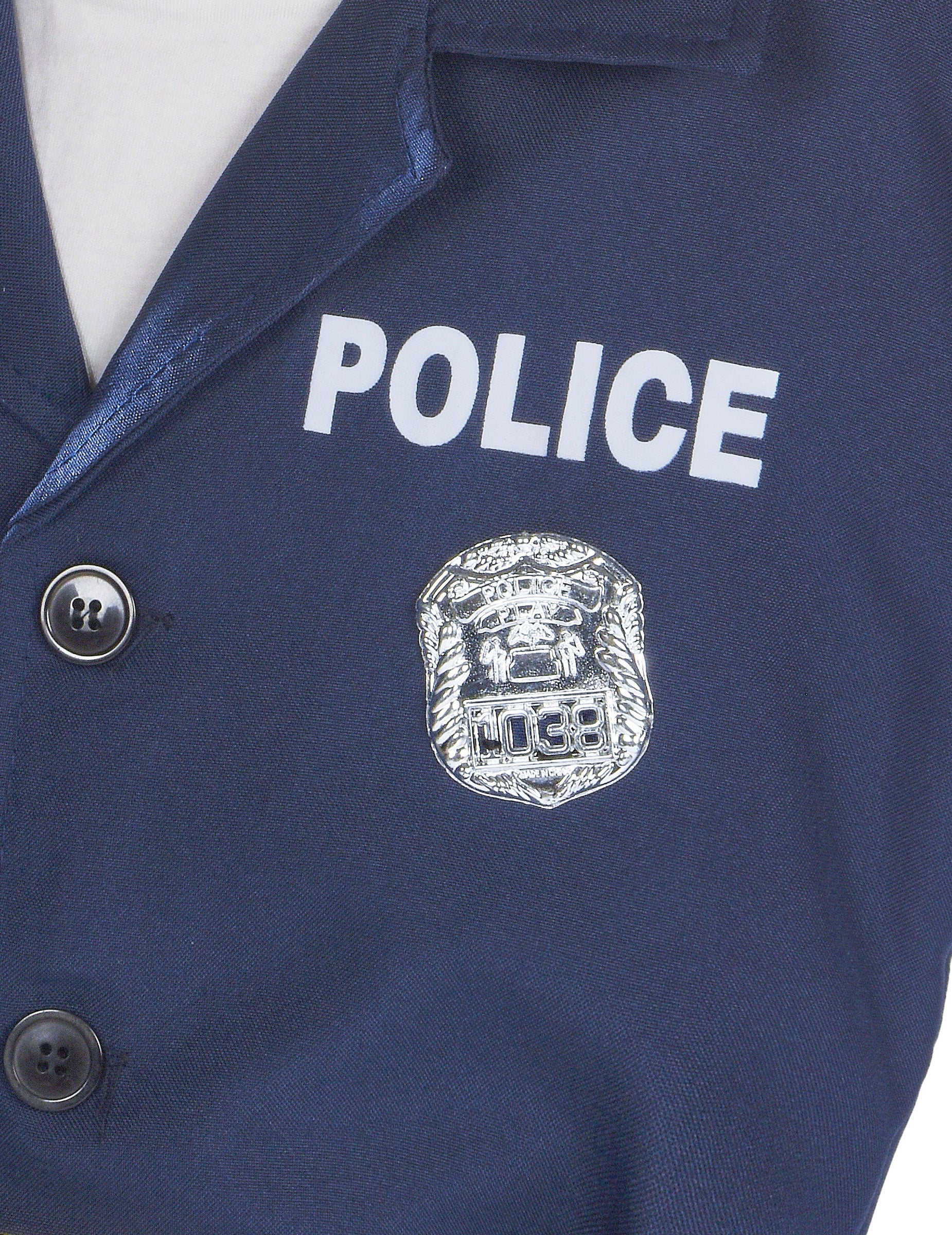 Détail de l'inscription POLICE et du badge du déguisement policier luxe pour garçon