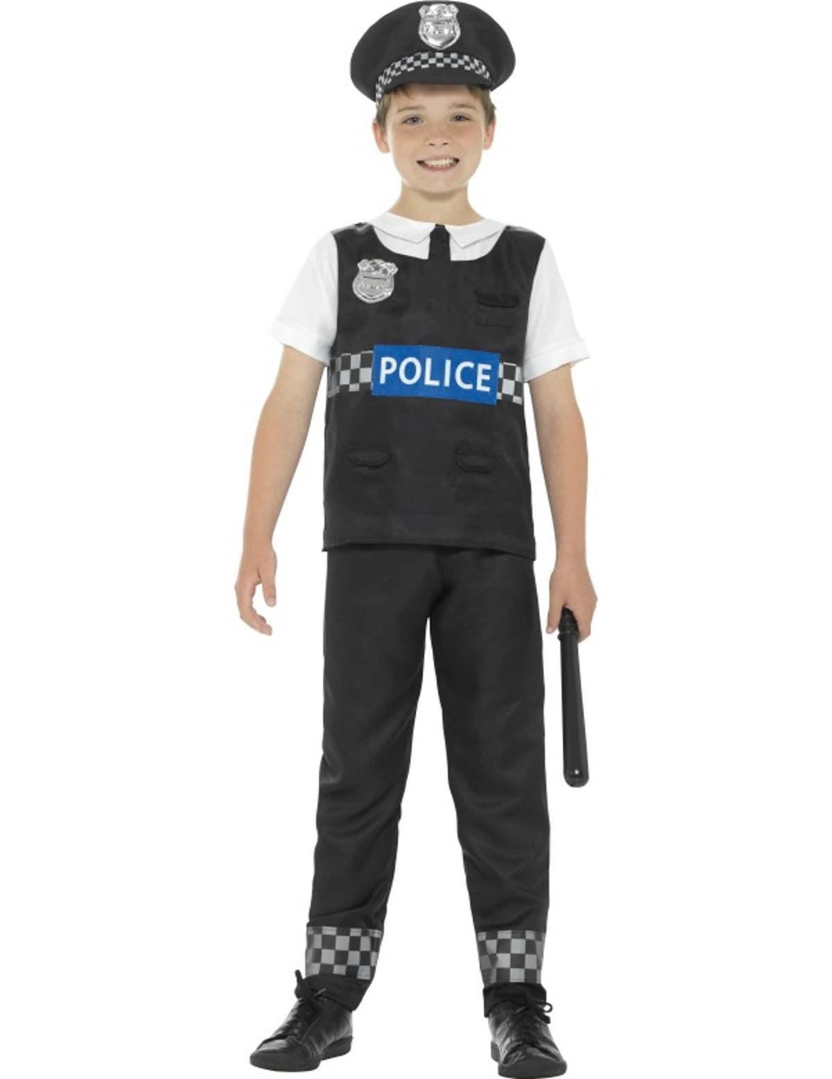 Costum de polițist pentru băiat alb și negru cu șapcă și baston
