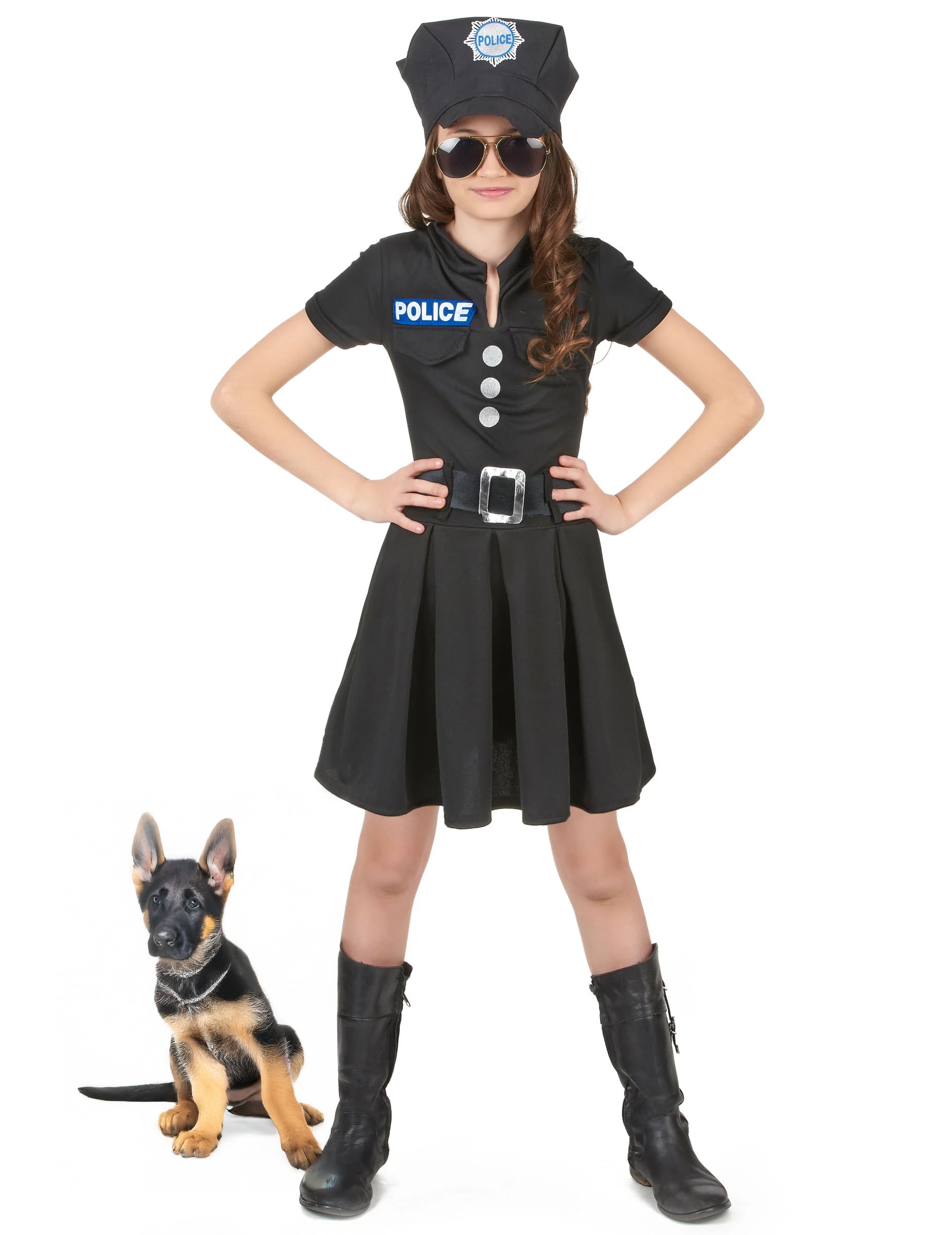 Déguisement de policière pour fille avec robe noire et casquette