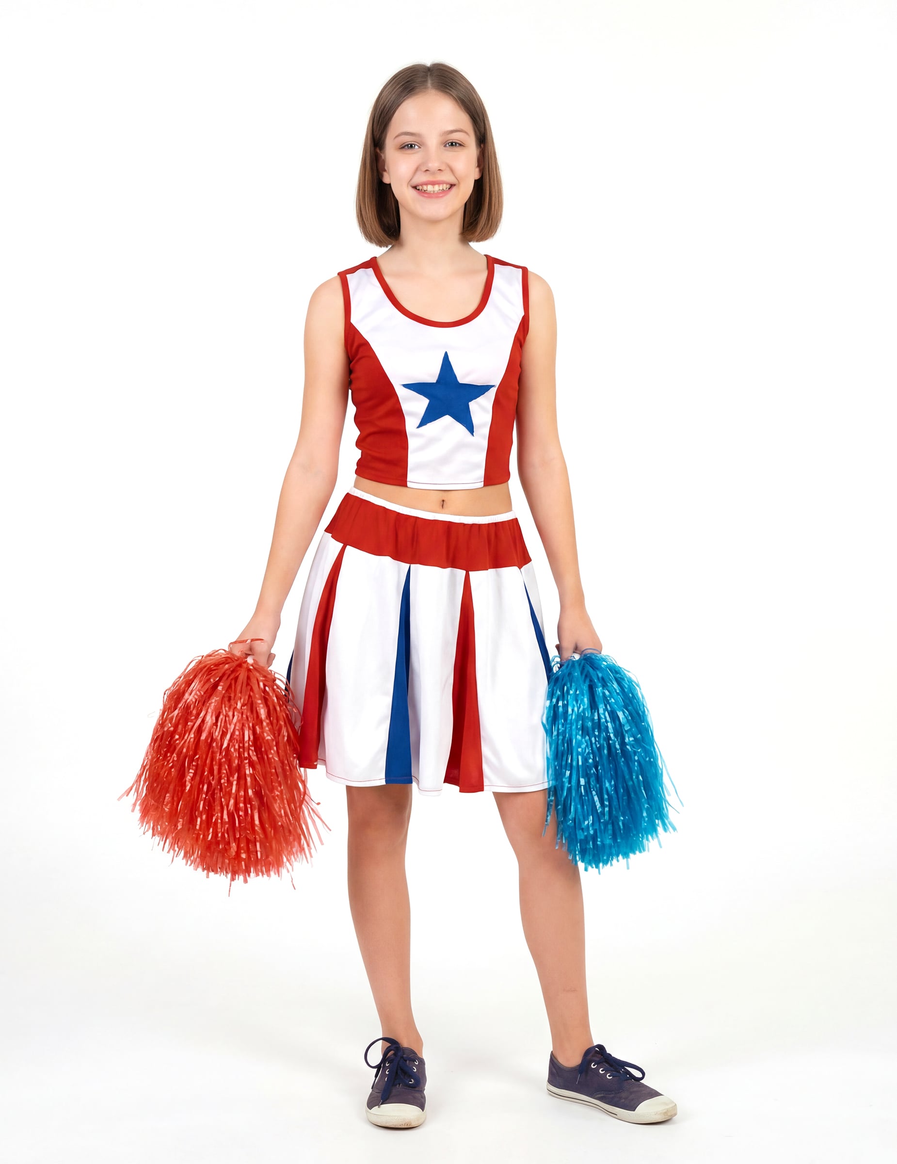 Déguisement de pompom girl étoile pour fille rouge blanc et bleu avec pompons
